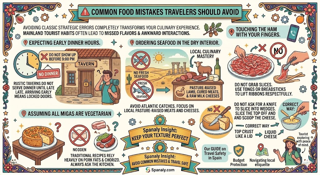 Infographic displaying common food mistakes to avoid in Spain, highlighting late dinner hours, hidden pork fats, correct ham handling, and Torta del Casar slicing.