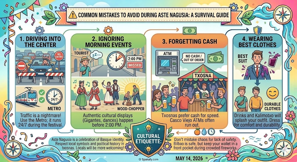 A helpful travel infographic detailing common mistakes to avoid during Aste Nagusia in Bilbao, such as driving into the center, missing morning events, and forgetting cash for txosnas.