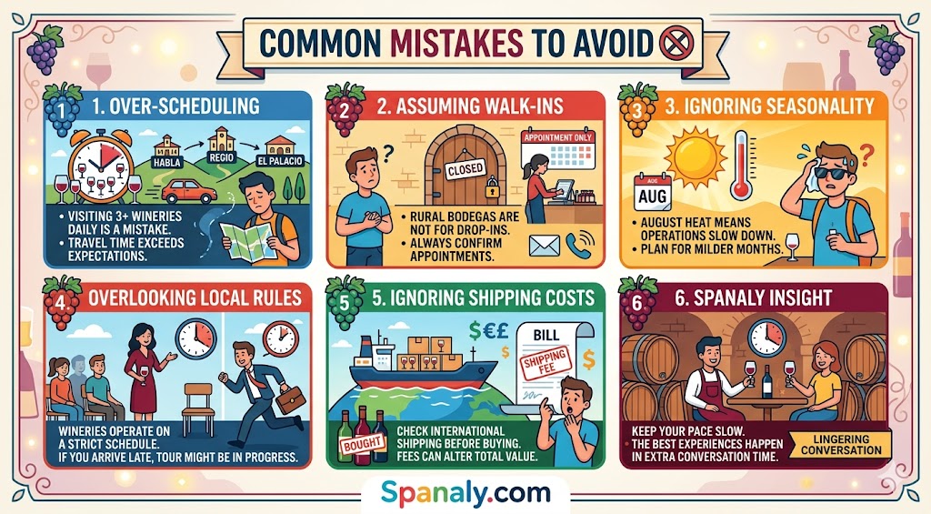 Infographic highlighting common mistakes to avoid during an Extremadura wine tour, including over-scheduling, ignoring appointments, and overlooking seasonality.