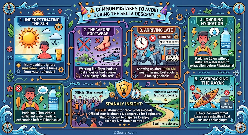 A safety infographic for the Sella Descent in Asturias highlighting common mistakes like underestimating sun exposure, wearing wrong footwear, late arrivals, and overpacking kayaks.