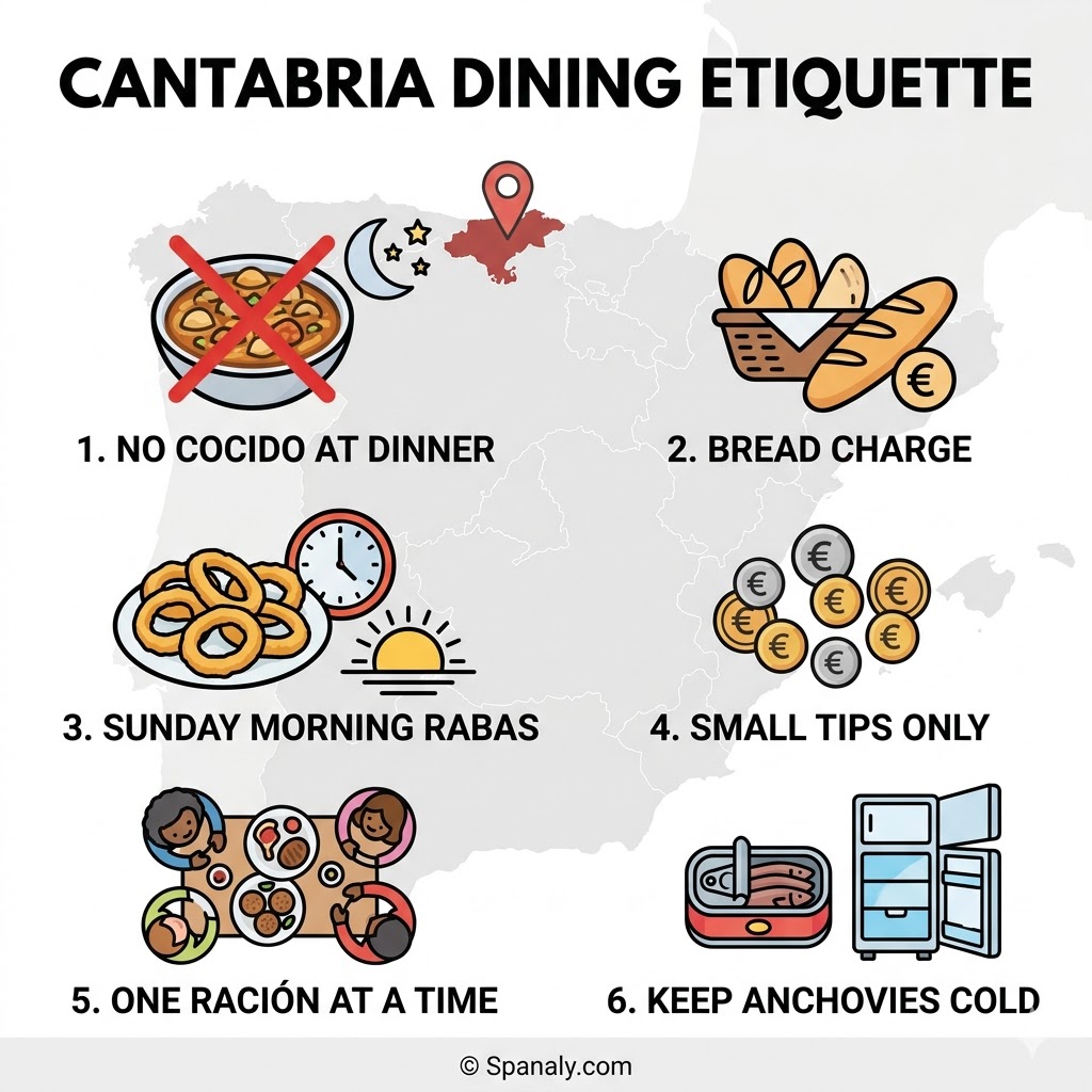 Infographic about dining etiquette in Cantabria showing common mistakes like ordering stew for dinner or over-tipping in local taverns.