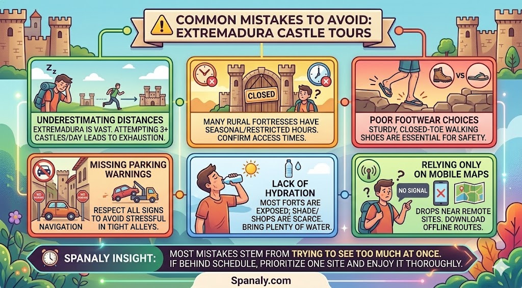 An infographic highlighting common mistakes to avoid during Extremadura castle tours, including travel planning tips, footwear advice, and navigation warnings for historical sites.