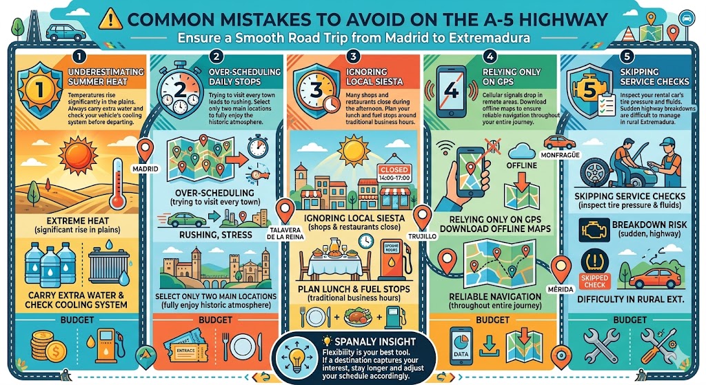 Infographic outlining common road trip mistakes to avoid when driving the A-5 highway from Madrid to Extremadura, including heat management, siesta planning, and navigation.