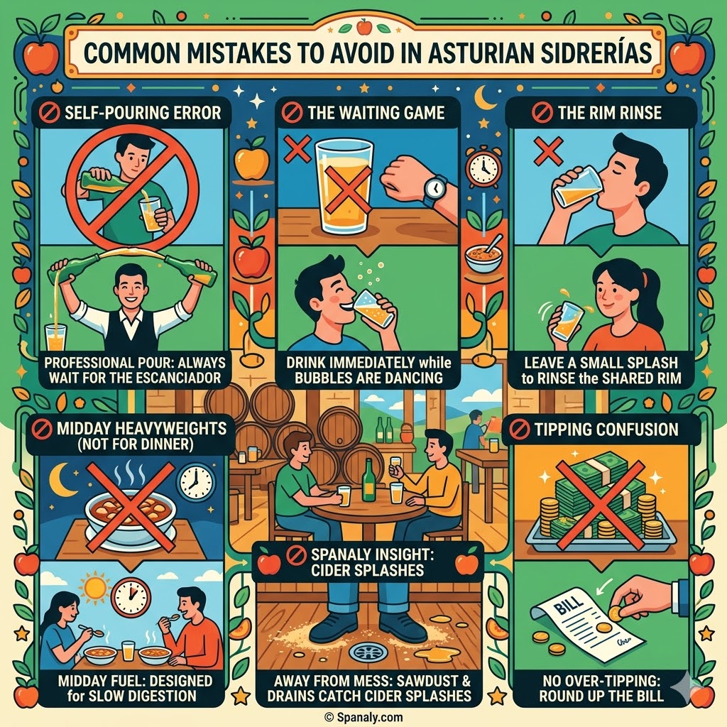 Educational infographic about Asturian cider etiquette highlighting common mistakes like self-pouring, slow drinking, and ordering Fabada for dinner.