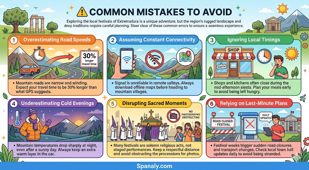 Infographic outlining essential tips and common mistakes to avoid when visiting Extremadura festivals, including advice on travel planning, connectivity, and local etiquette.