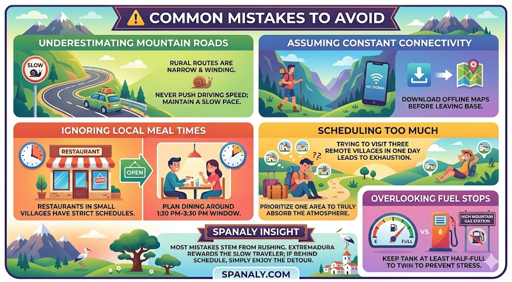 An infographic illustrating essential tips to avoid common travel mistakes in Extremadura, including driving advice for mountain roads, connectivity tips, and dining schedules.