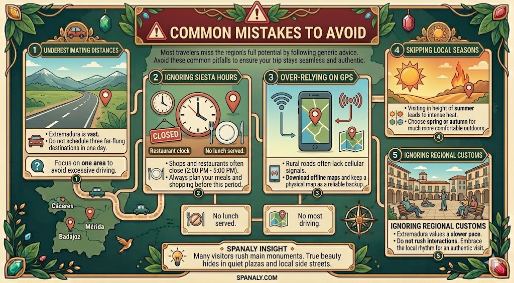 An infographic highlighting common travel mistakes to avoid in Extremadura, Spain, including tips on managing travel distances, siesta hours, GPS reliance, and respecting local customs.