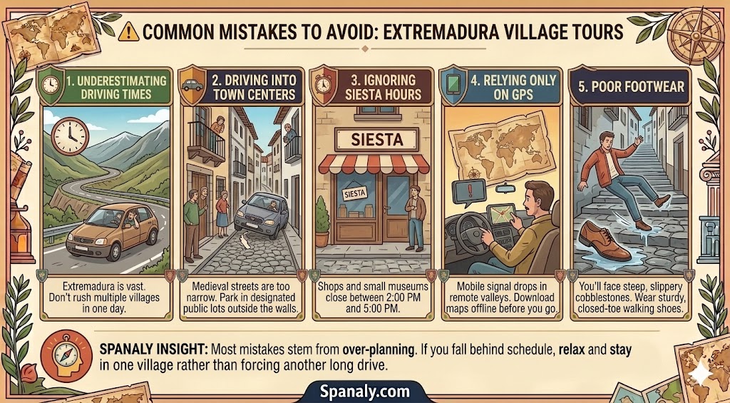 Infographic listing common travel mistakes to avoid when visiting medieval villages in Extremadura, including driving tips, siesta hours, and essential footwear advice.