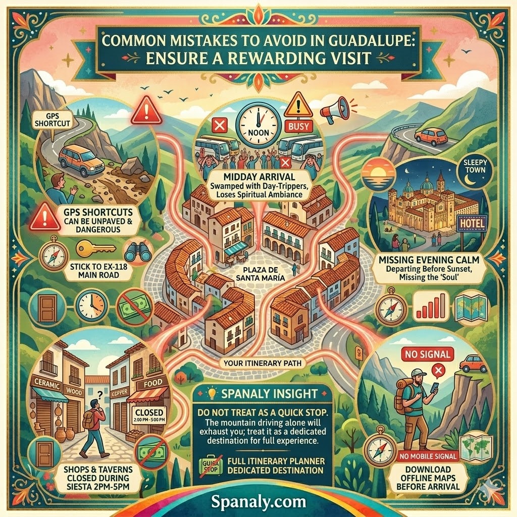 Infographic detailing common travel mistakes to avoid in Guadalupe, Spain, including GPS warnings, midday crowd avoidance, siesta schedules, and the importance of overnight stays.