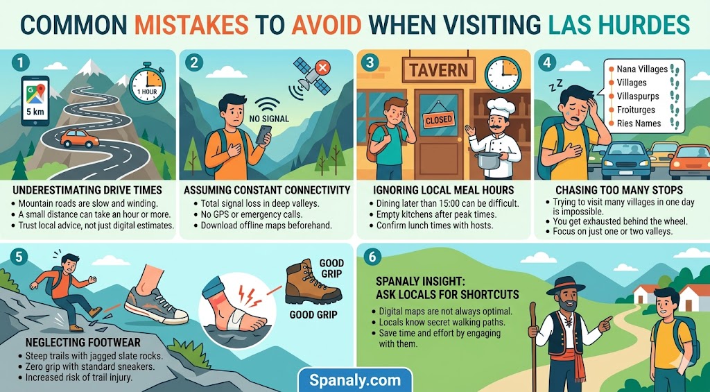 An infographic guide highlighting common travel mistakes to avoid in Las Hurdes, Spain, including tips on mountain driving, connectivity, and local dining etiquette.