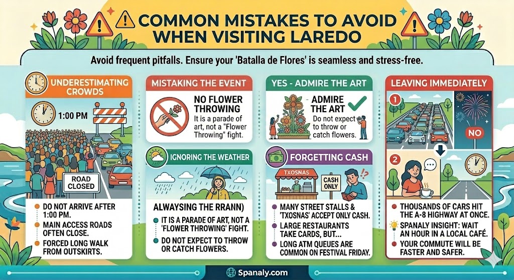 Infographic showing common travel mistakes in Laredo Spain like arriving late, forgetting cash, and ignoring Cantabrian weather.