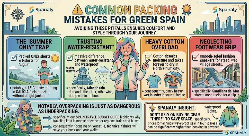 Infographic showing common packing mistakes for Northern Spain like summer-only clothes and non-waterproof gear.