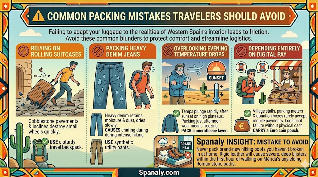 An educational travel infographic highlighting common packing mistakes to avoid, showcasing issues with rolling suitcases on cobblestones, heavy denim jeans, evening temperature drops, and digital pay dependence.