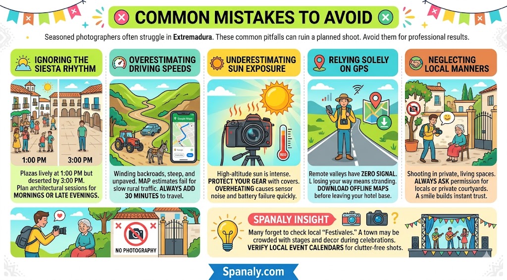 Infographic guide on common photography mistakes to avoid in Extremadura, including tips on siesta schedules, driving, sun protection, and local etiquette.