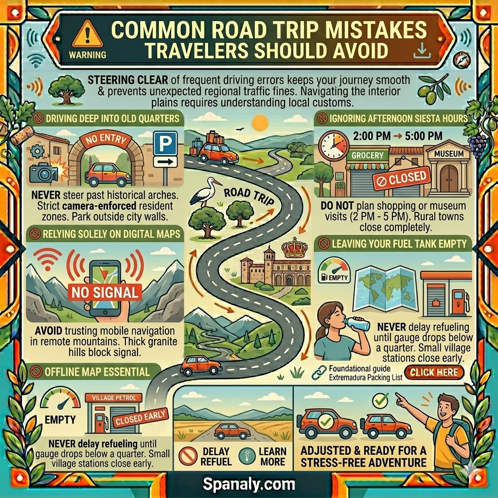 An informative travel infographic highlighting common road trip mistakes to avoid in Extremadura, including driving in medieval old quarters and ignoring siesta hours.