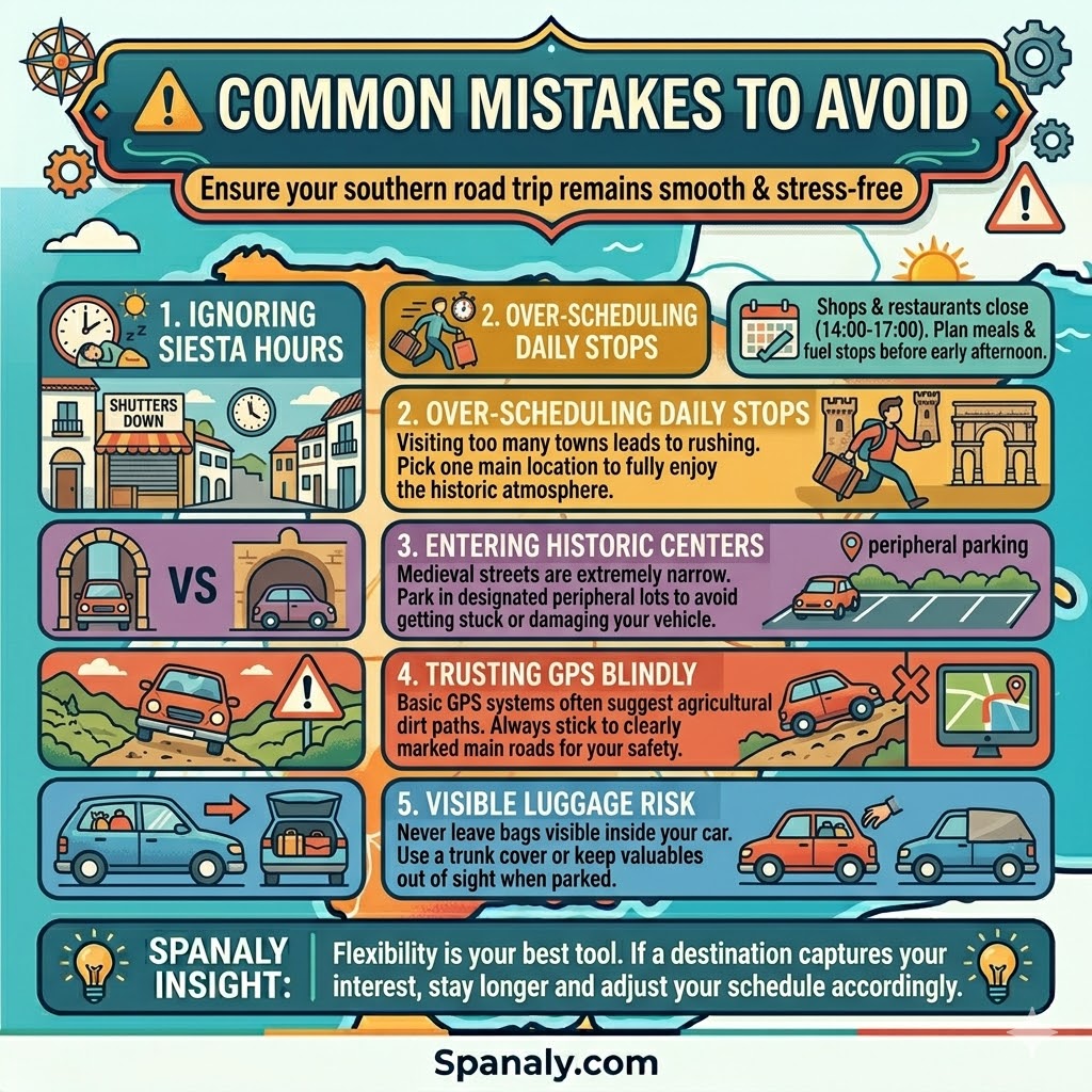 Comprehensive infographic guide illustrating five common mistakes to avoid on a southern Spain road trip, including ignoring siesta hours, over-scheduling, entering historic centers, trusting GPS blindly, and visible luggage risk, with expert advice for a smooth and stress-free journey.