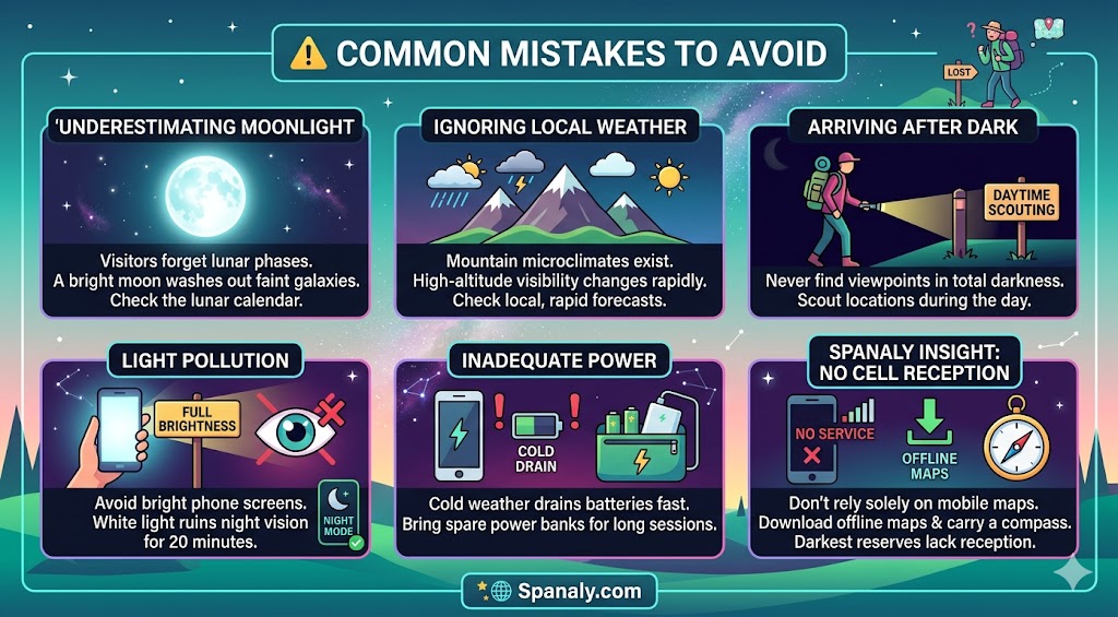 Informative infographic detailing common stargazing mistakes to avoid, such as underestimating moonlight, ignoring weather, arriving after dark, and managing light pollution and power supply.