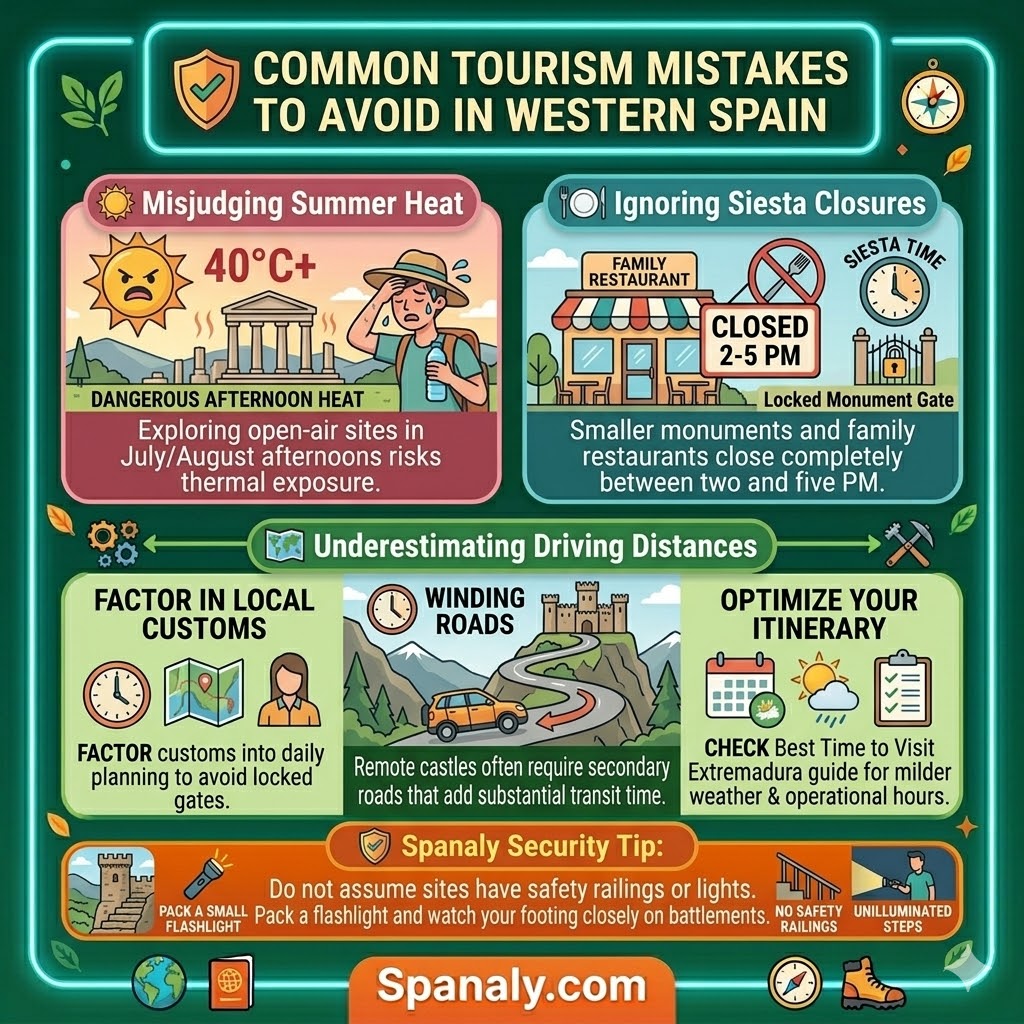 Common tourism mistakes in Western Spain infographic showing summer heat siesta closures and winding driving distances