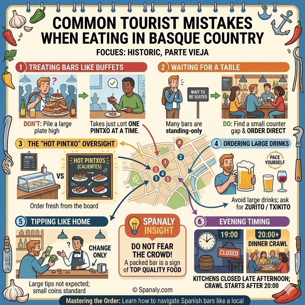 SEO infographic highlighting common tourist mistakes in the Basque Country, such as treating pintxo bars like buffets, tipping too much, and ordering large drinks.