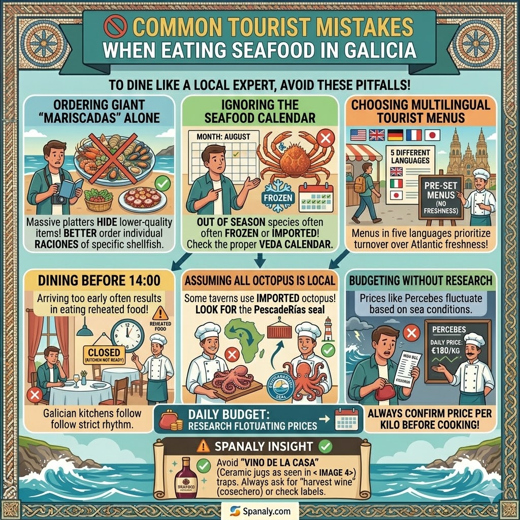 An educational infographic for tourists in Galicia highlighting common seafood dining mistakes like ordering mariscada platters, ignoring seasonality, and choosing multilingual menus over local freshness.