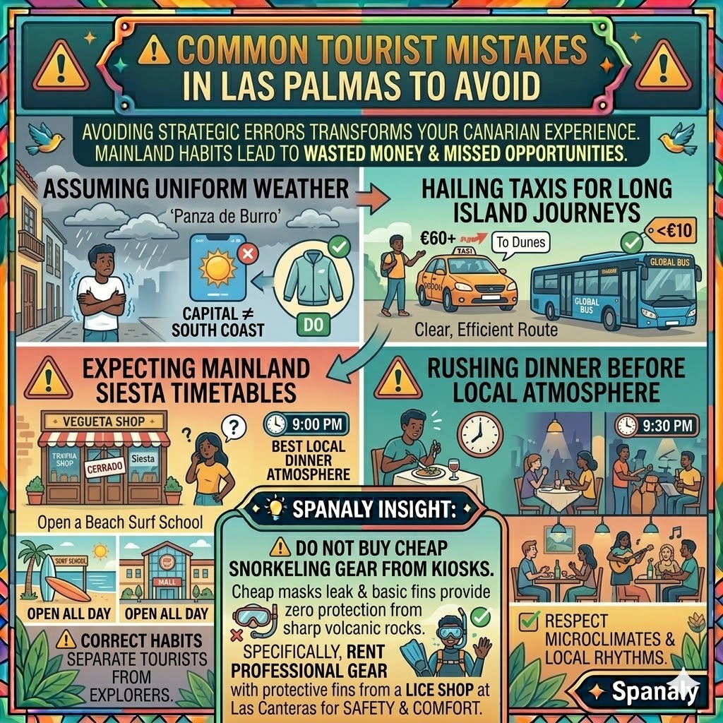 Infographic guide on tourist mistakes to avoid in Las Palmas, featuring tips on microclimates, taxi fares, and local timetables.