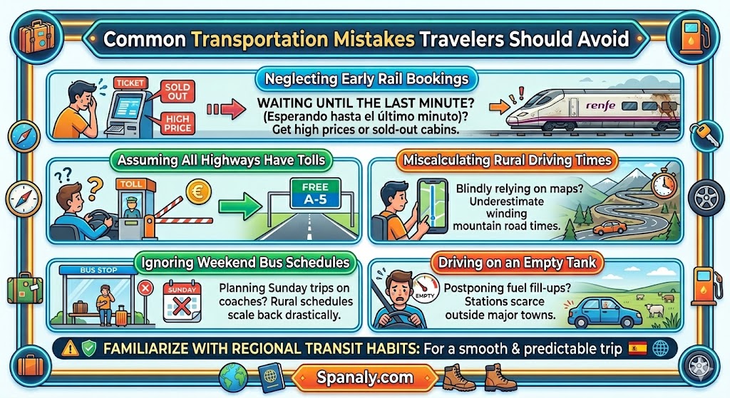 Infographic displaying common transportation mistakes to avoid when traveling to Extremadura including rail booking and rural driving tips