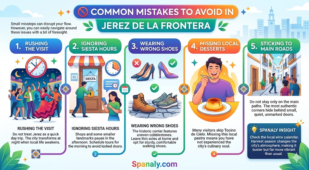 An infographic illustrating common travel mistakes to avoid in Jerez de la Frontera, such as ignoring siesta hours, wearing improper footwear, and rushing the visit.