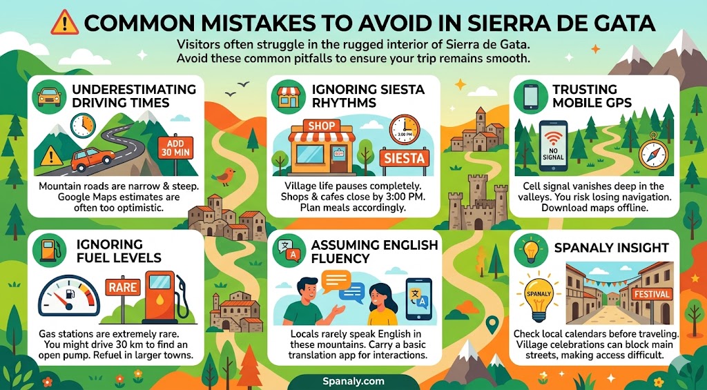 Infographic outlining common travel mistakes to avoid in Sierra de Gata, Spain, including tips on driving times, siesta hours, mobile connectivity, fuel, and local language barriers.
