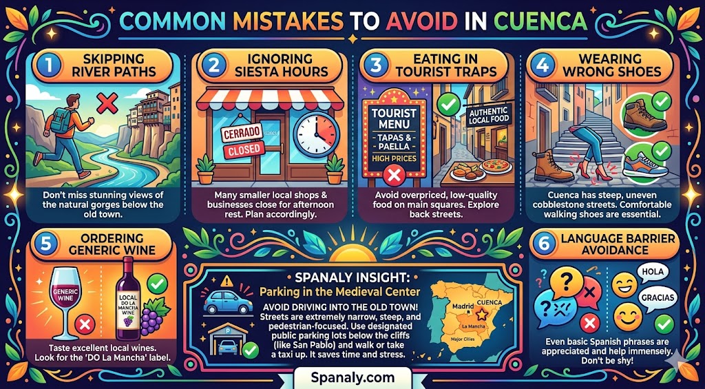 Infographic highlighting common travel mistakes to avoid in Cuenca, Spain, such as ignoring siesta hours, wearing improper footwear for steep streets, and parking issues, to ensure a seamless 2026 trip.