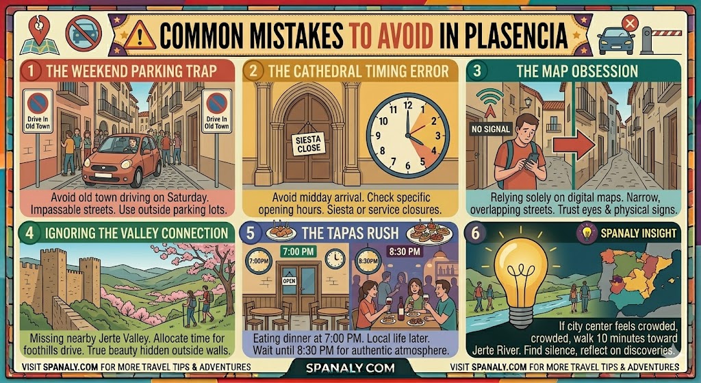 Colorful travel infographic listing common mistakes to avoid when visiting Plasencia, Spain, including parking traps, timing errors, and navigation tips by Spanaly.com.