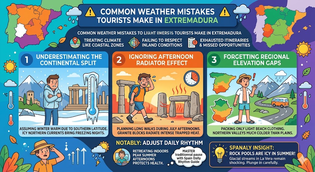 Infographic highlighting common weather mistakes tourists make in Extremadura, including underestimating winter cold, ignoring afternoon heat, and forgetting elevation gaps.