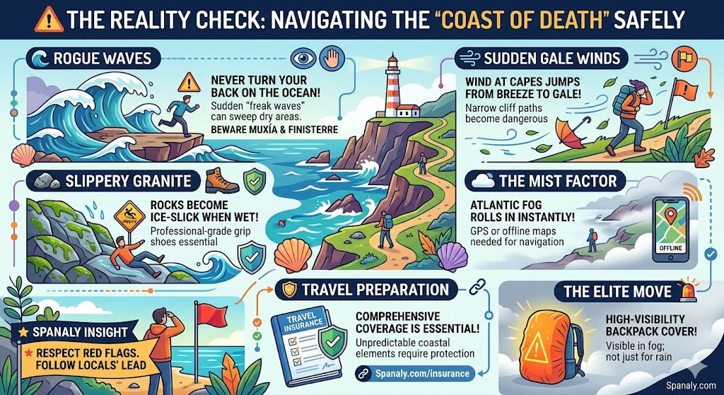 SEO safety infographic for Costa da Morte, Galicia, detailing precautions for rogue waves, sudden gale winds, slippery granite rocks, and Atlantic fog with travel insurance advice by Spanaly.com