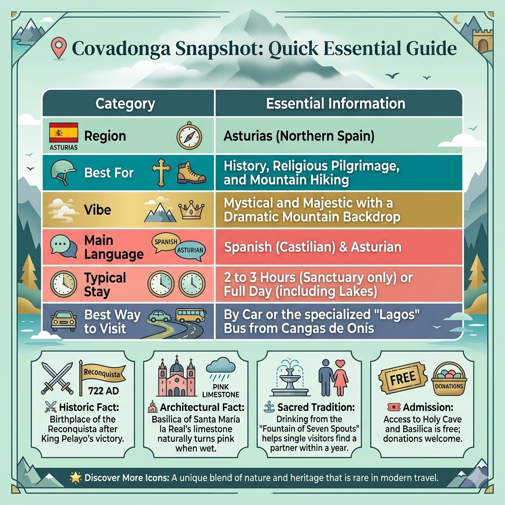 Infographic guide to Covadonga Asturias featuring the Basilica of Santa Maria la Real, Holy Cave history, and travel tips for Picos de Europa.