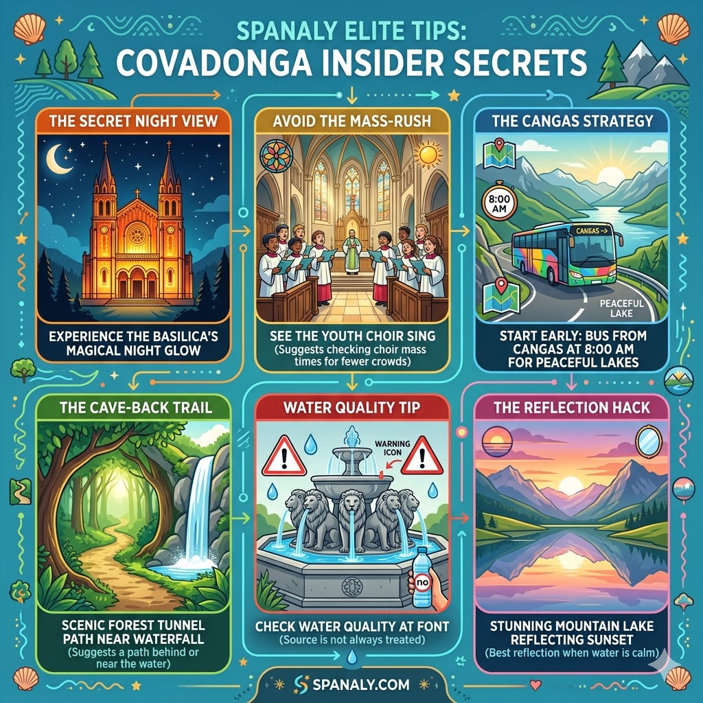 Expert infographic of Covadonga insider secrets, featuring the Basilica night view, Escolanía choir tips, Cangas bus strategy, the forest tunnel path, and Enol Lake sunset reflection photography hacks by Spanaly.com
