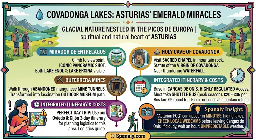 Infographic of Covadonga Lakes in Asturias featuring Mirador de Entrelagos, Holy Cave of Covadonga, Buferrera Mines, and shuttle bus transport tips.