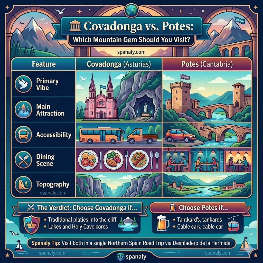 Comparison infographic between Covadonga Asturias and Potes Cantabria highlighting vibes, main attractions, and accessibility in Picos de Europa.