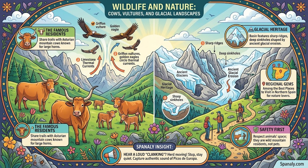 Infographic of wildlife at Lakes of Covadonga featuring Asturian cows, Griffon vultures, and glacial sinkholes.