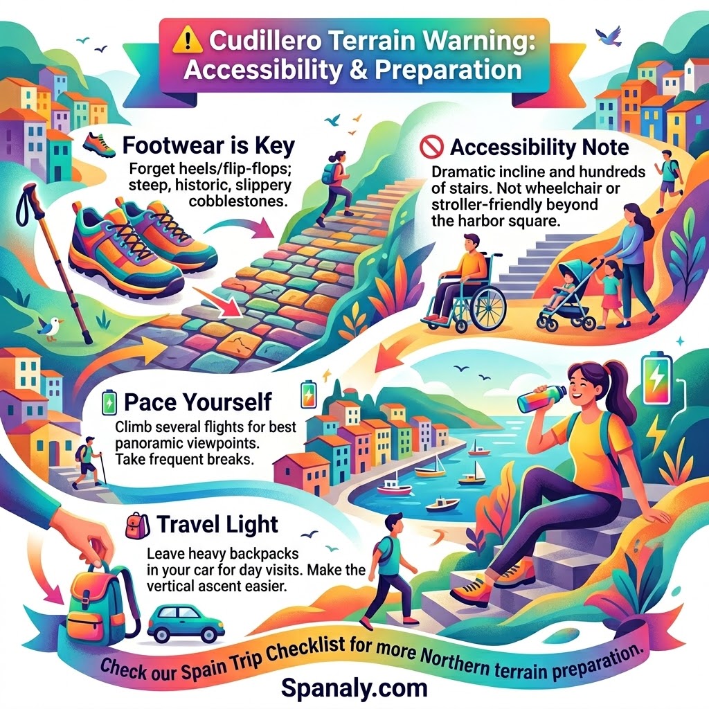 Cudillero accessibility guide and terrain warning infographic showing essential travel tips for footwear, stairs, and steep cobblestone alleys in Asturias.