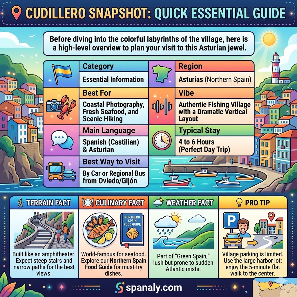Essential travel guide infographic for Cudillero, Asturias, featuring quick facts on terrain, seafood, weather, and parking tips for visitors.