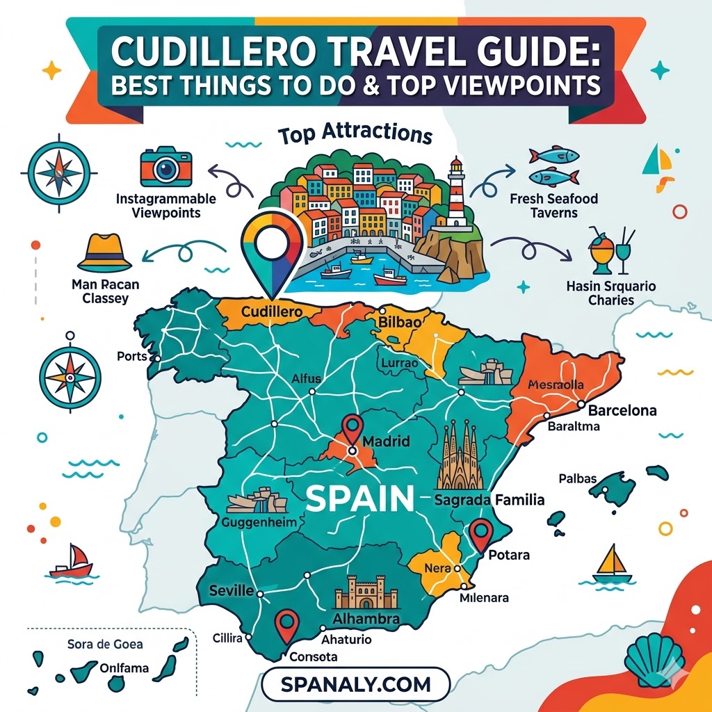 Epic infographic map of Spain highlighting Cudillero travel guide with colorful houses and top coastal viewpoints.