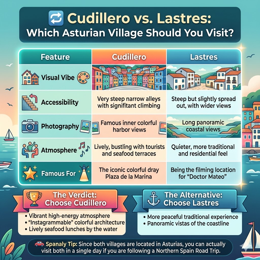Comparison infographic between Cudillero and Lastres fishing villages in Asturias, Spain, showing architecture, accessibility, and photography tips.