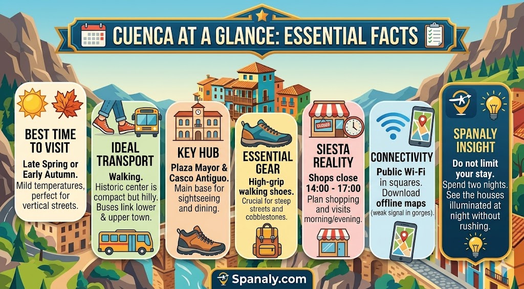An infographic summarizing essential travel facts for Cuenca, including best time to visit, transport, gear, and local insights.