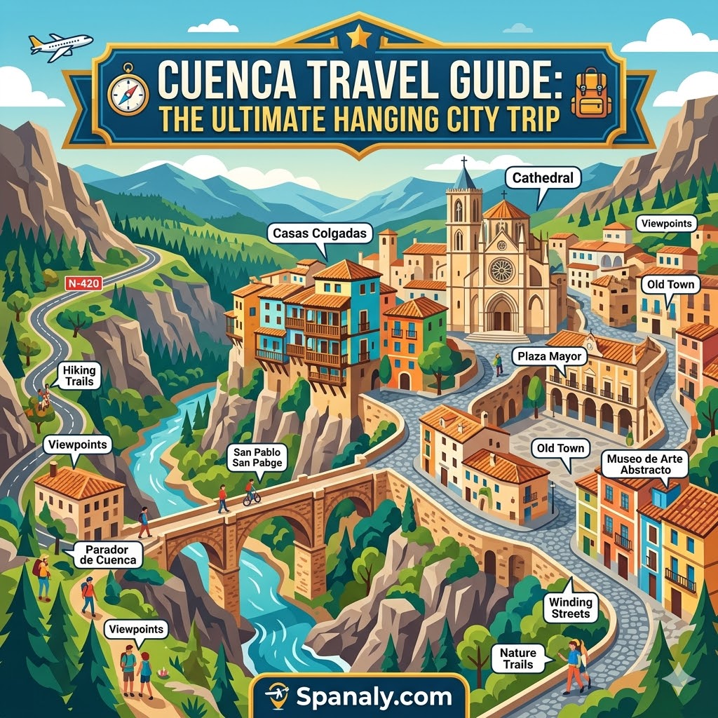 An epic infographic map showcasing the Cuenca travel guide featuring the iconic hanging houses, cathedral, and old town landmarks.