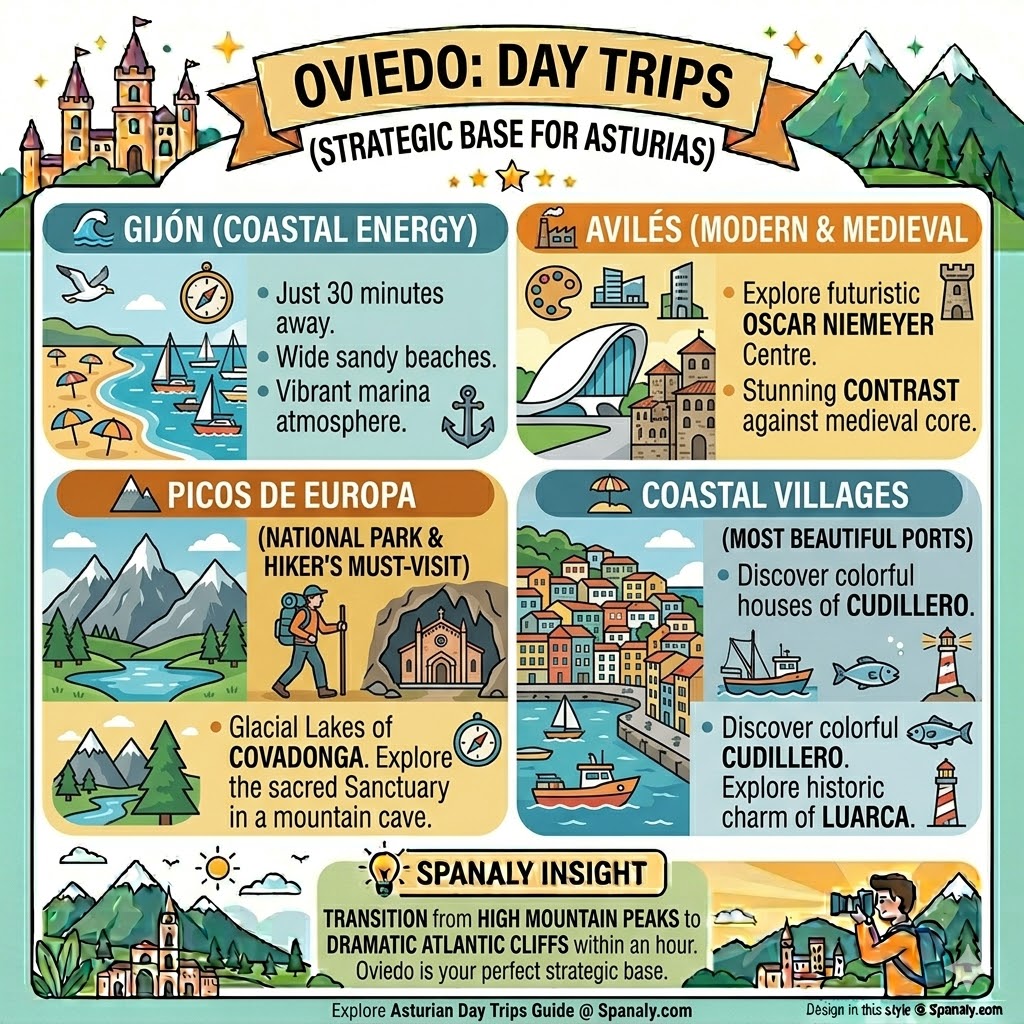 Infographic of day trips from Oviedo featuring Gijon beaches, Aviles Niemeyer Center, Picos de Europa mountains, and Cudillero coastal village.