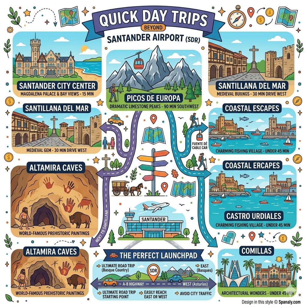Infographic of day trips from Santander Airport SDR to Santillana del Mar, Altamira Caves, Picos de Europa, and Comillas in Spain.