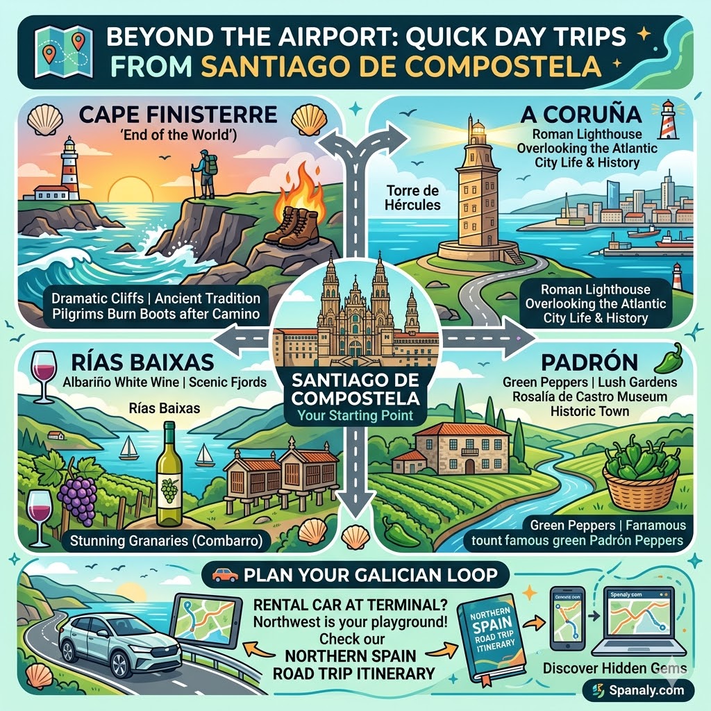 SEO infographic for day trips from Santiago de Compostela, featuring Cape Finisterre, A Coruña Tower of Hercules, Padrón green peppers, and Rías Baixas wine region with a road trip planning guide by Spanaly.com