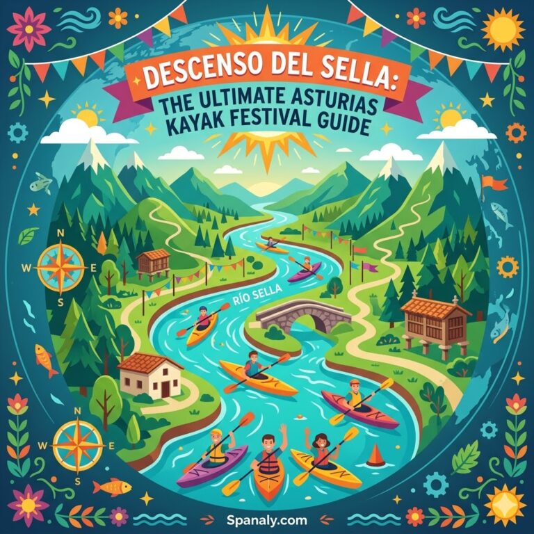 An epic infographic map of the Descenso del Sella kayak festival in Asturias, featuring colorful kayaks on the Sella River, lush green mountains, and traditional Asturian architecture.