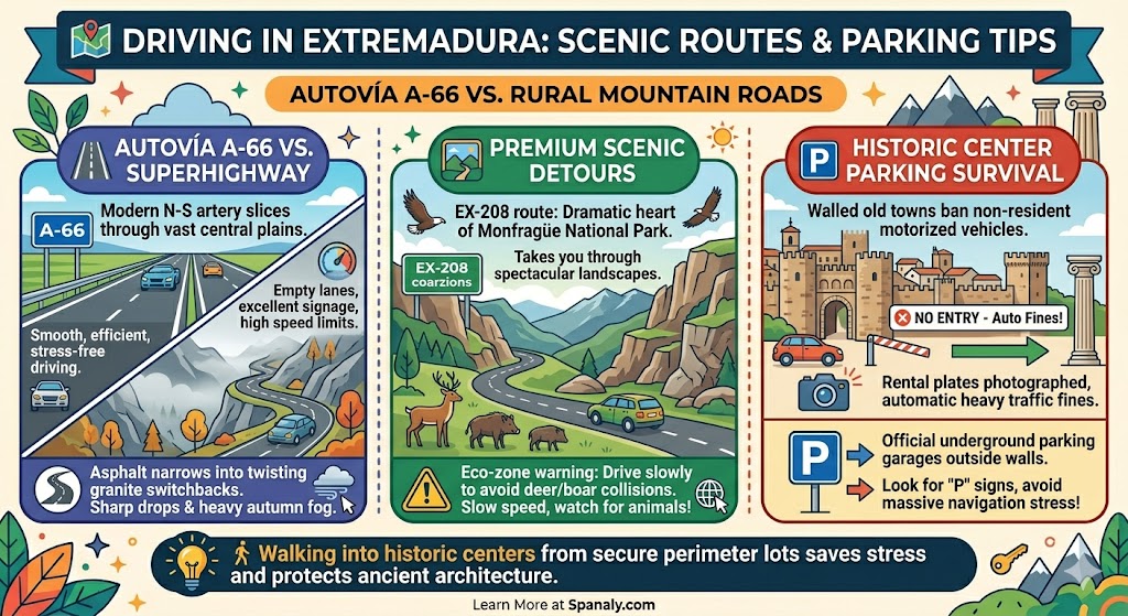 Infographic guide to driving in Extremadura, comparing the Autovía A-66 with rural mountain roads, featuring scenic detours and historic center parking tips.