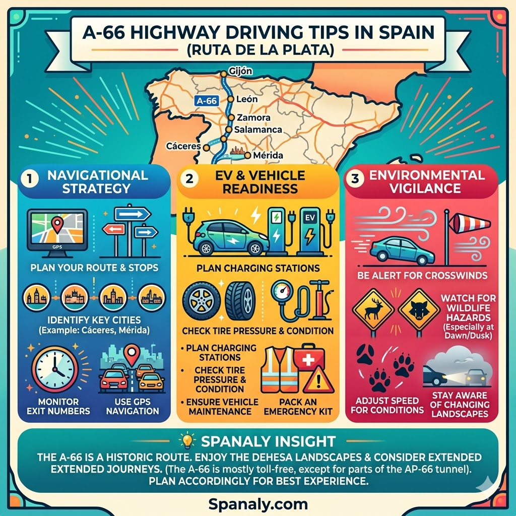 Infographic guide with essential driving tips for the A-66 highway (Ruta de la Plata) in Spain, covering navigational strategy, electric vehicle (EV) charging, tire checks, emergency kits, crosswinds, and wildlife hazards for a safe trip.