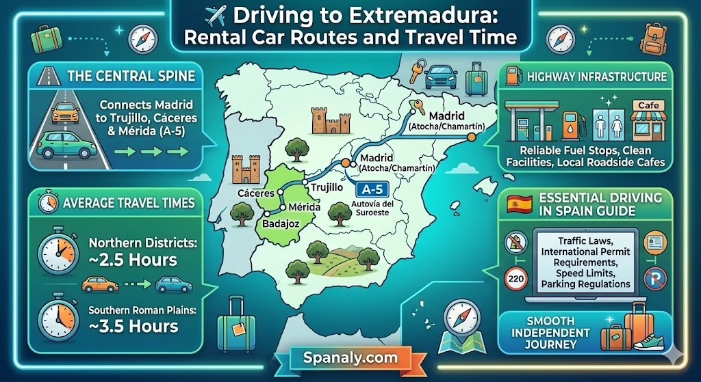 Road trip infographic map showing A-5 highway routes and driving travel times from Madrid to Extremadura